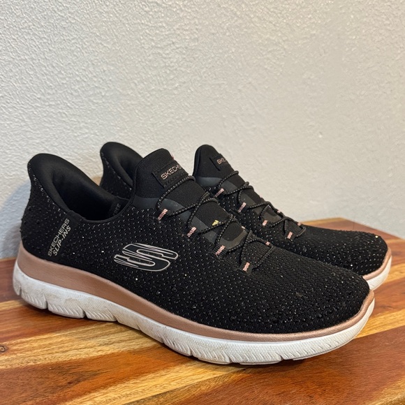 Skechers Black Rose Gold Slip-ins Memory Foam Sneakers Walking Athletic - Picture 2 of 14